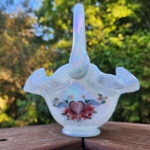 Fenton White Carnival Glass Opalescent Handpainted Basket Signed By Artist